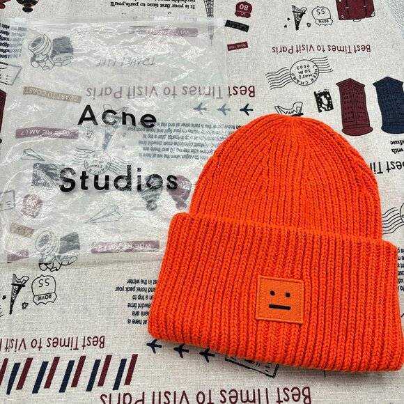 Acne Studios Accessories - Acne Studios Orange Ribbed Face Logo Patch Winter Beanie Hat Cap